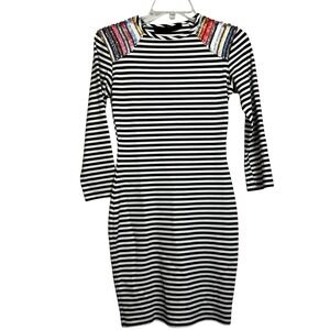 DANIELA CORTE Sz S Striped Sequin Shoulder Dress Black White Long Sleeve Bodycon